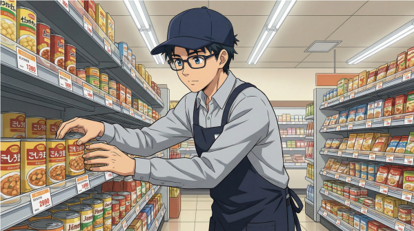 慣れた手つきで品出しをする男性