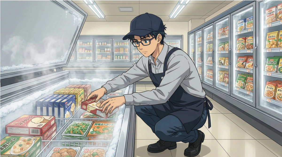 スーパーの品出しアルバイトで冷凍商品を取り扱う男性
