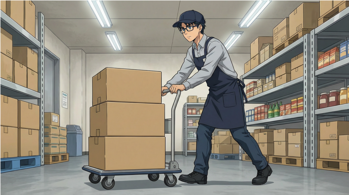 品出しパートで荷物を台車で運ぶ男性