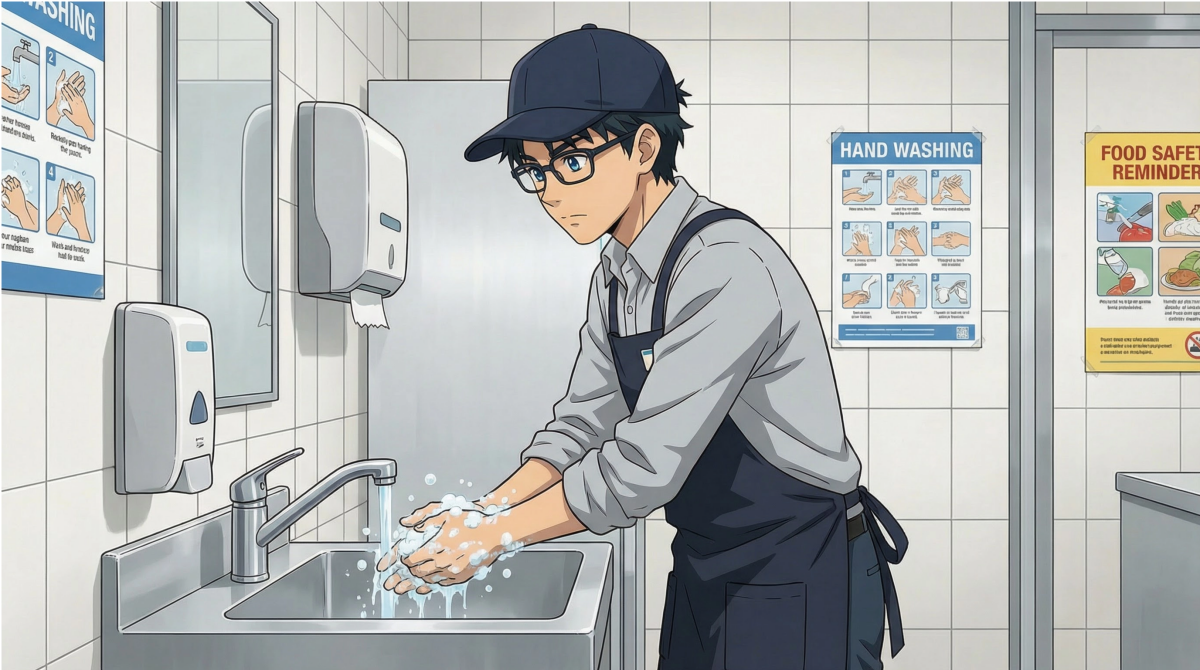 品出しアルバイトで衛生面に気を付けるため、手をしっかり洗う男性