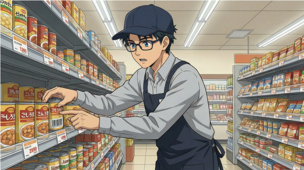 JANコードを確認する品出しアルバイトの男性