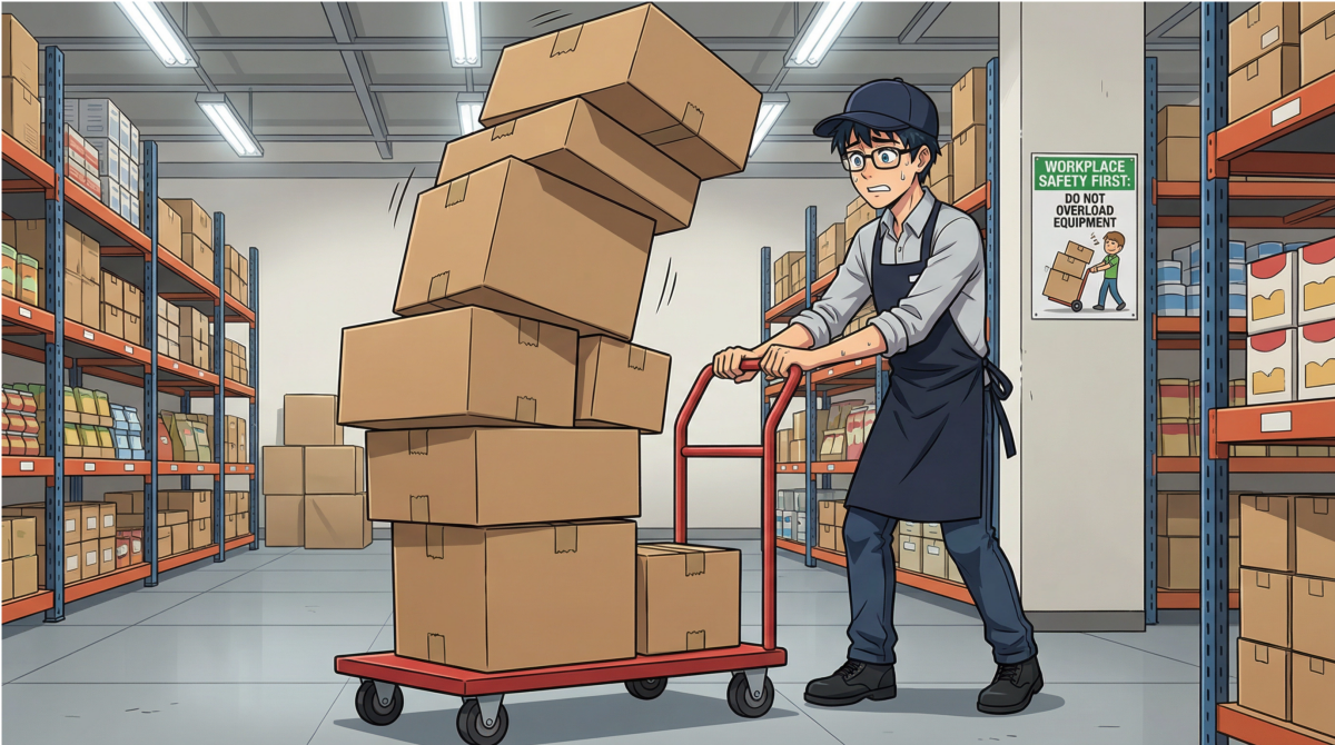 スーパーの品出しで台車に多くの荷物を積みすぎて倒してしまう